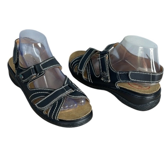 Soft Comfort Black Strappy Sandals Vegan Leather Velcro Padded Insole Size 9 - Picture 1 of 10